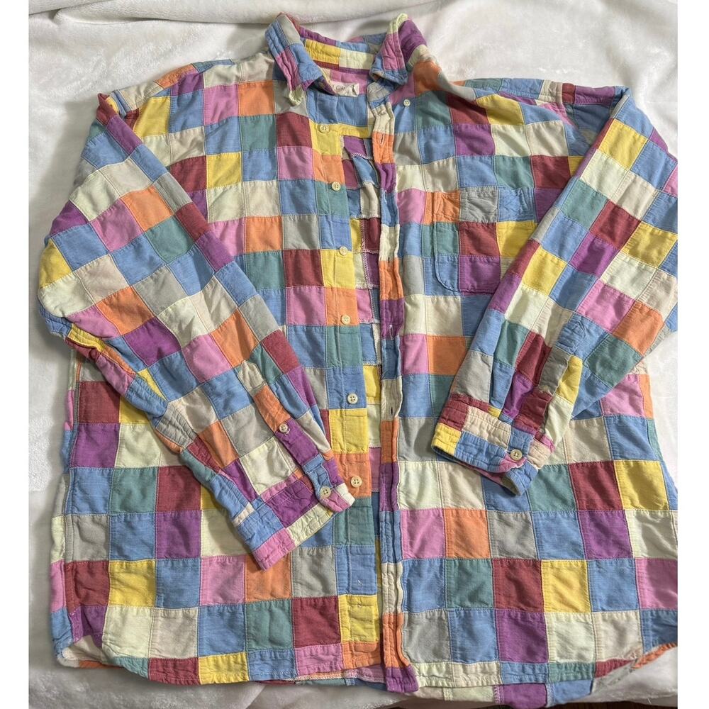 Vintage 90s  J.Crew Oarsman Patchwork Button Down Top Indian Madras Sz XL Men’s